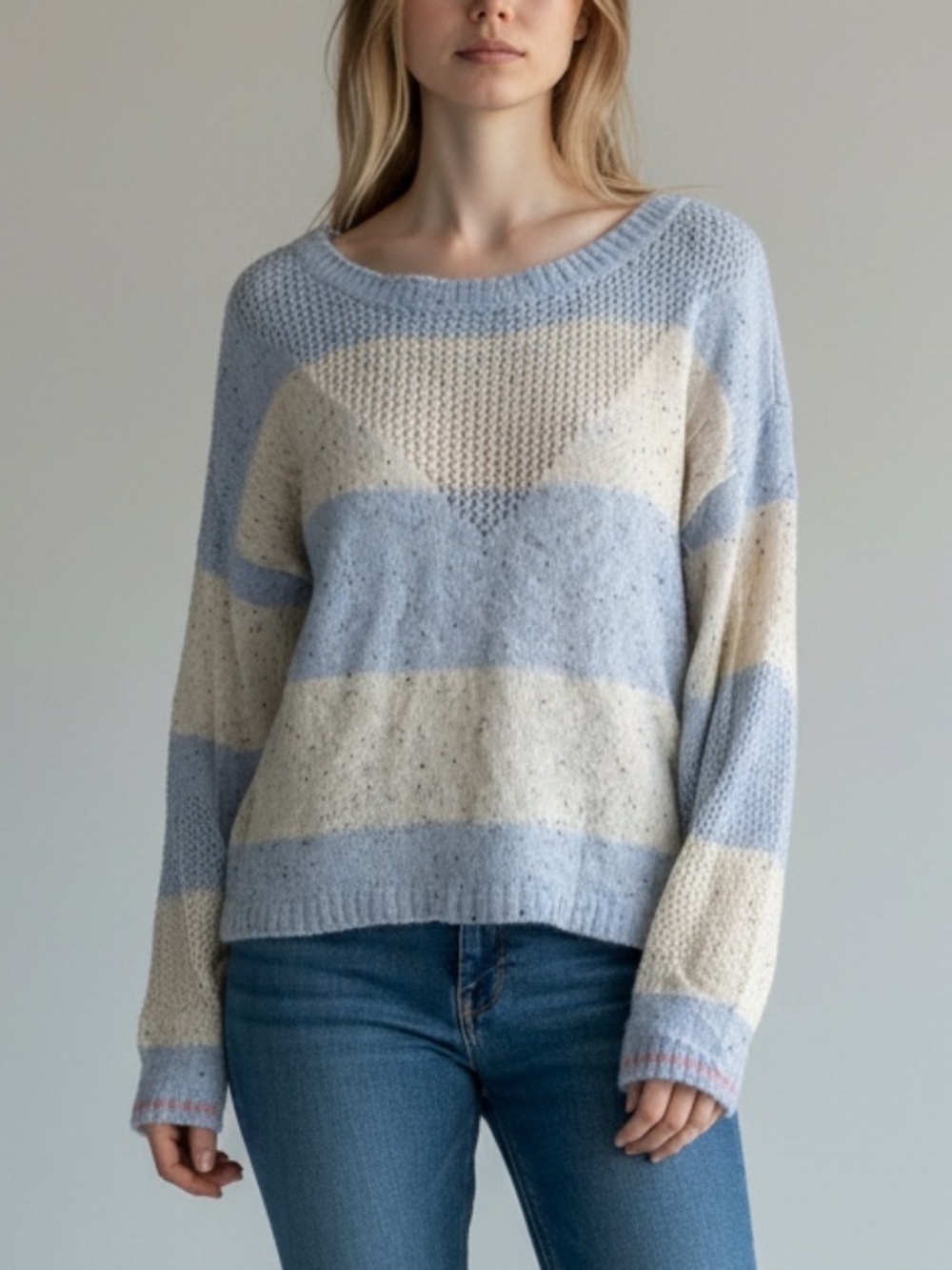 SWTR Blue & Cream Striped Open Colorblock Knit Crew Neck Sweater Size Small